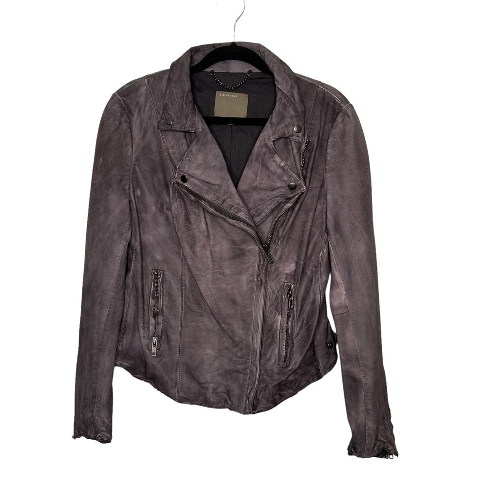 Muubaa Charcoal Grey Lamb Leather Pola Moto Jacket Sz 6- see measurements